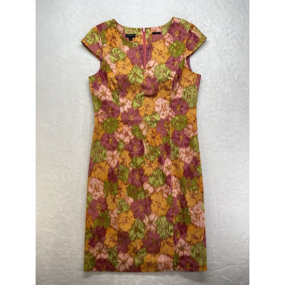Talbots Shift Dress Womens 6 Pink Green Retro Mod Floral Faux Pockets
